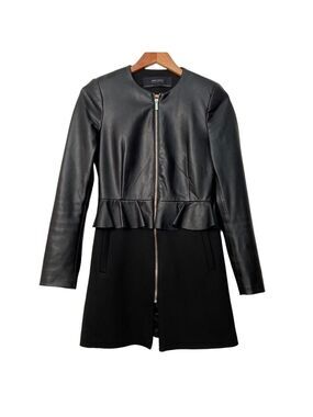 Zara faux leather zip-up dress fitted long sleeves  black jersey XS